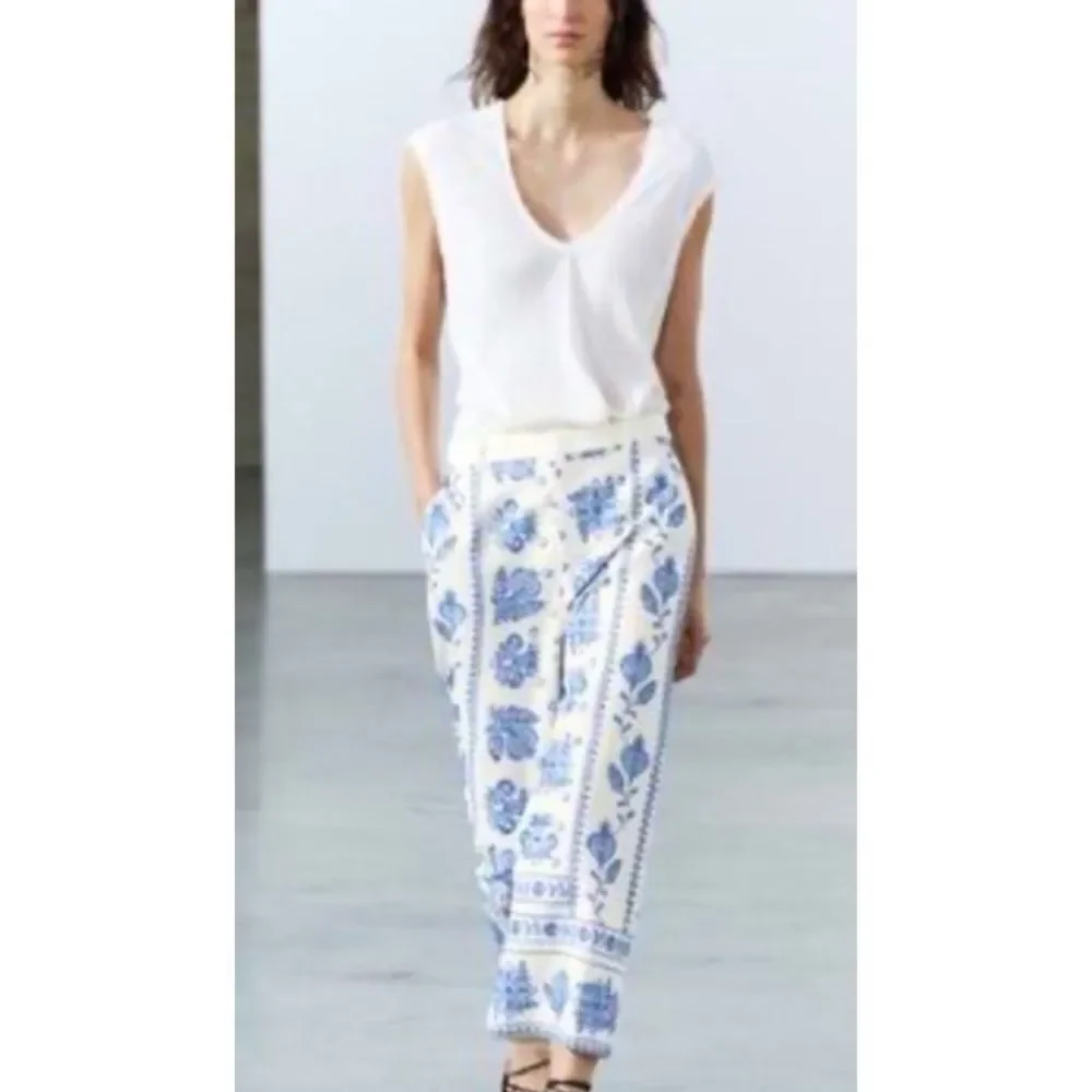 Zara Linen Embroidered Culottes Wide Leg Pants Size XL / NWT
